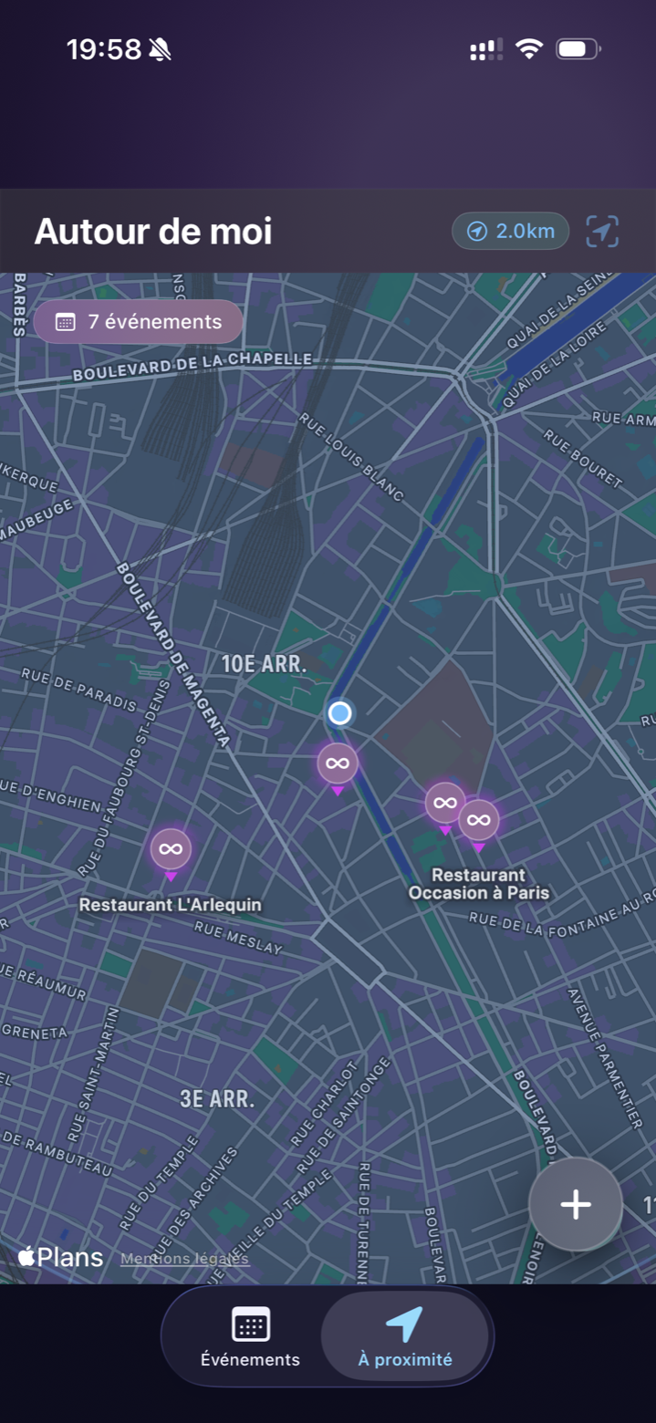 Carte DoStuff montrant les lieux enregistrés à proximité