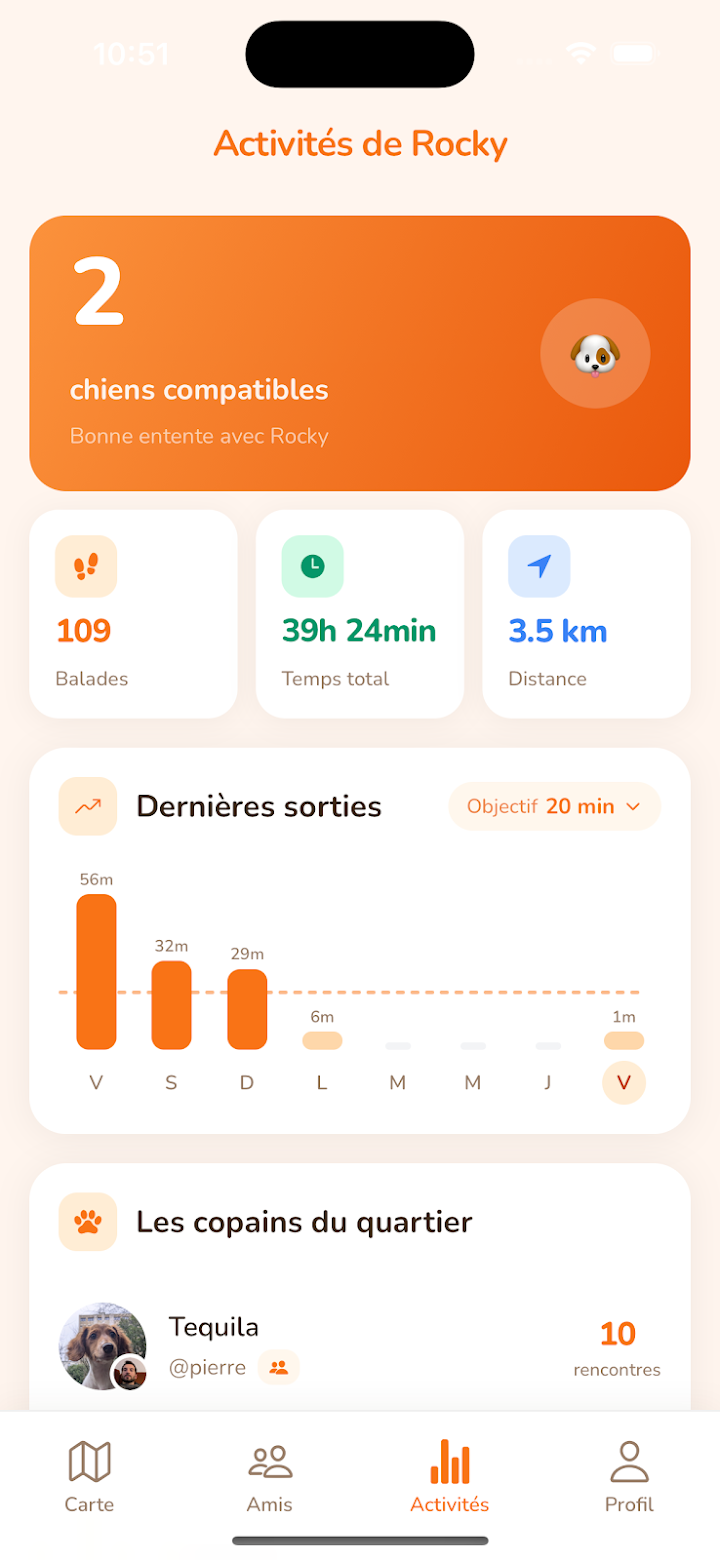 Tableau de bord des activités et statistiques de balade